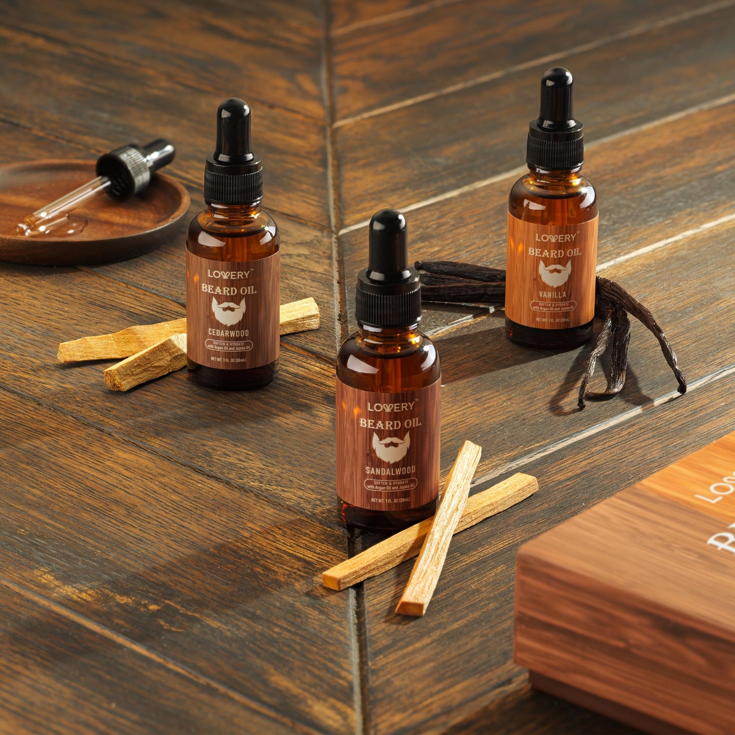 LOVERY (5 Pack Beard Oil for Men, Natural Mens Beard Oil Kit Variety Set - Sandalwood, Vanilla, Cedarwood, Pine, Unscented, W Argan & Jojoba Oil, Mens Beauty and Personal Care LOVERY