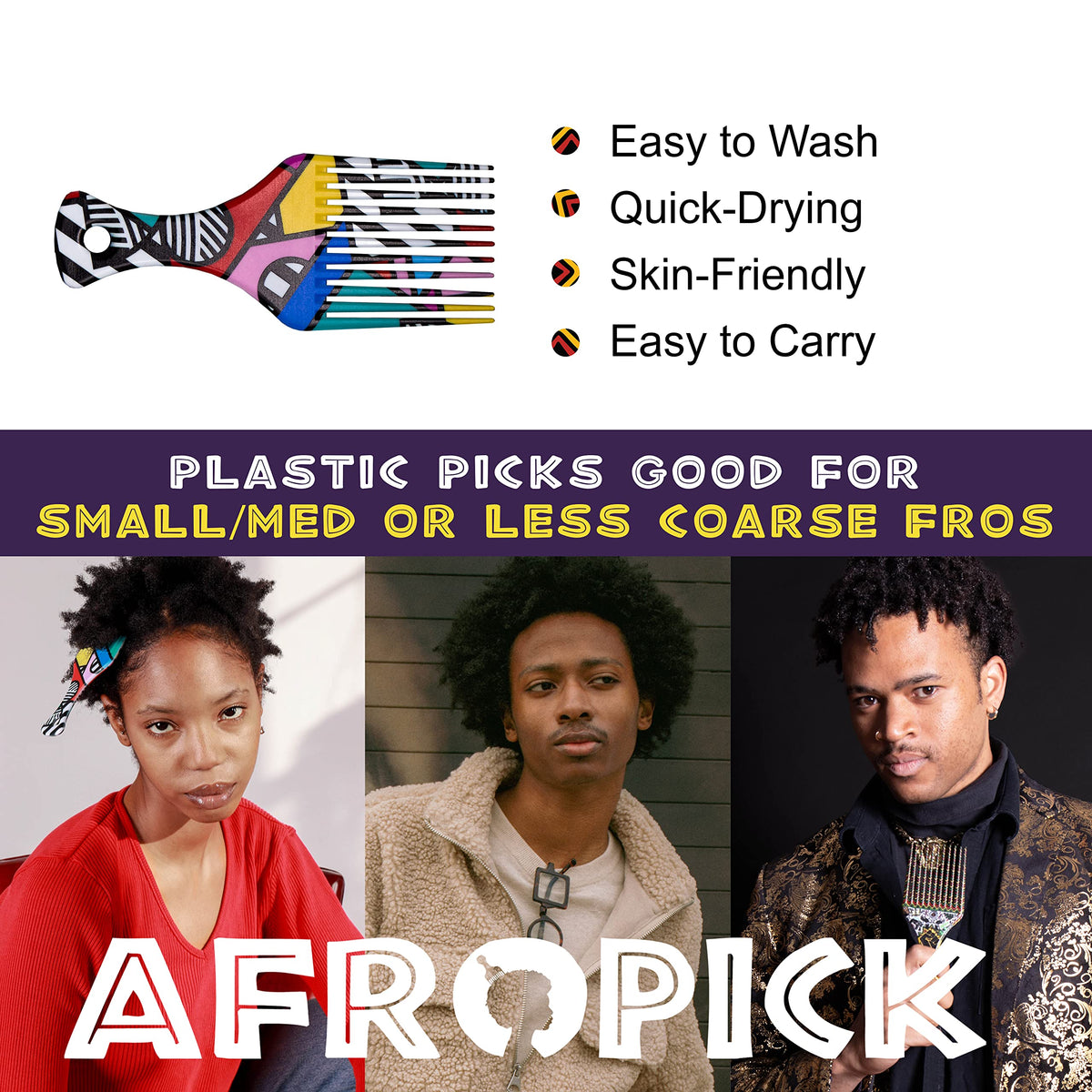 Afropick Anti-Static Plastic Black Hair Pick for Natural Curly Long Thick Hair- Afro Pick Comb for Men, Women- African Artist Designs (Fresher Prince)
