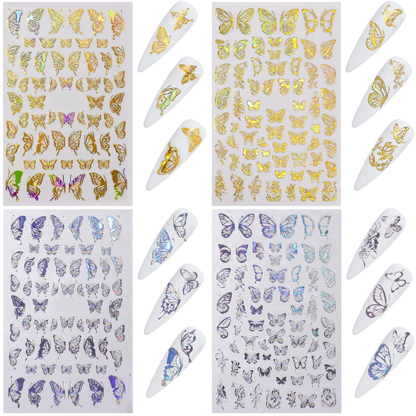 8 Sheets Butterfly Nail Adhesive Sticker - Laser Craft Glitter Gold and Silver Shapes for Art Design and Decoration - 3D Luxury Foils for Acrylic Beauty & Personal Care TBRZTR