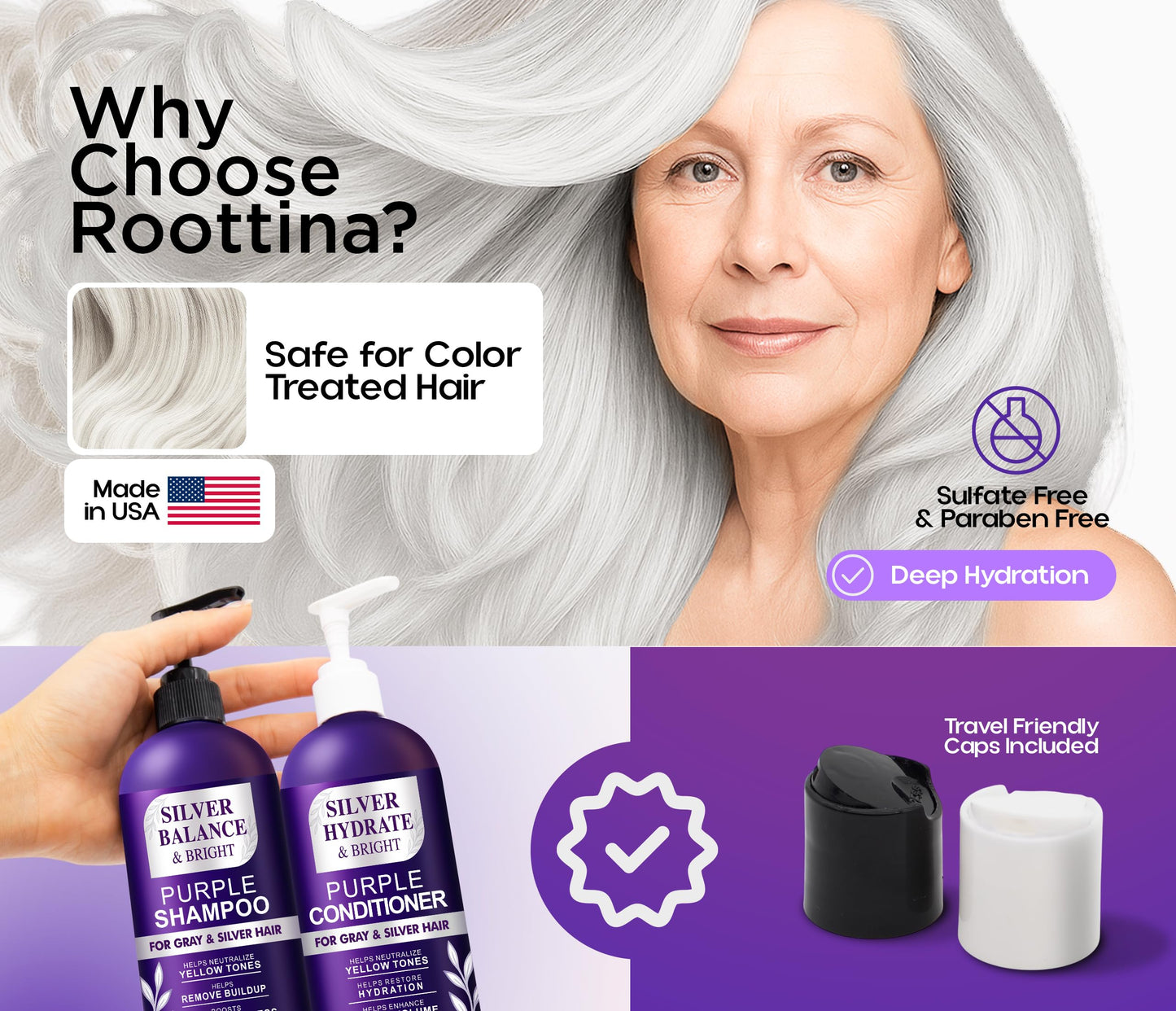 ROOTTINA Sulfate Free Brass Toning Purple Shampoo and Conditioner Set for Grey and Silver Hair, Moisturizing & Color-Safe, Enhances Shine Beauty & Personal Care Roottina