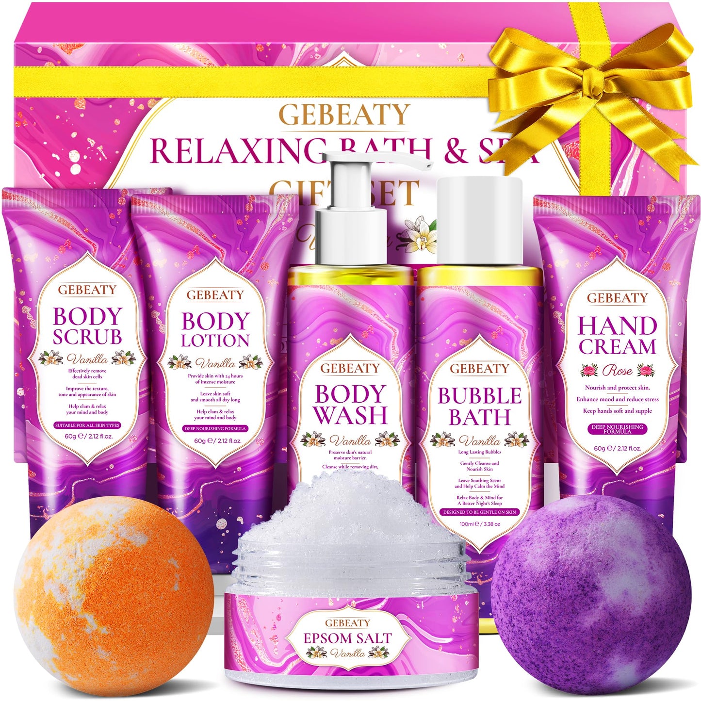 Spa Bath Sets for Women Gift,Stress Relief & Relaxing Body Wash Bath Set,Vanilla Home Spa Basket Gifts Set for Woman Mom Wife Her Sister,Unique Self Beauty and Personal Care GEBEATY