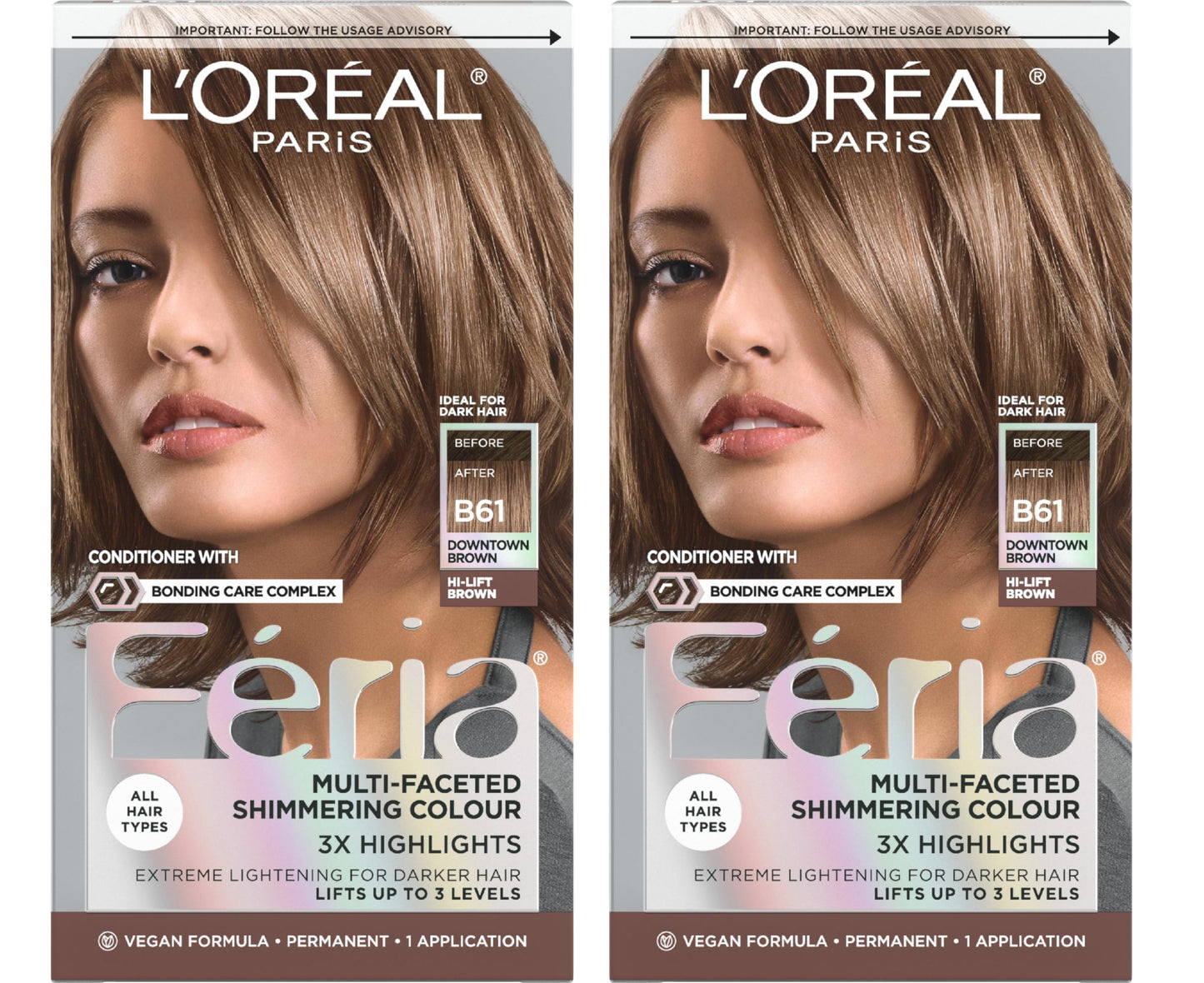 L'Oreal Paris Feria Multi-Faceted Shimmering Permanent Hair Color, B61 Downtown Brown, Hair Dye Kit, Pack of 2 Beauty & Personal Care L'Oreal Paris