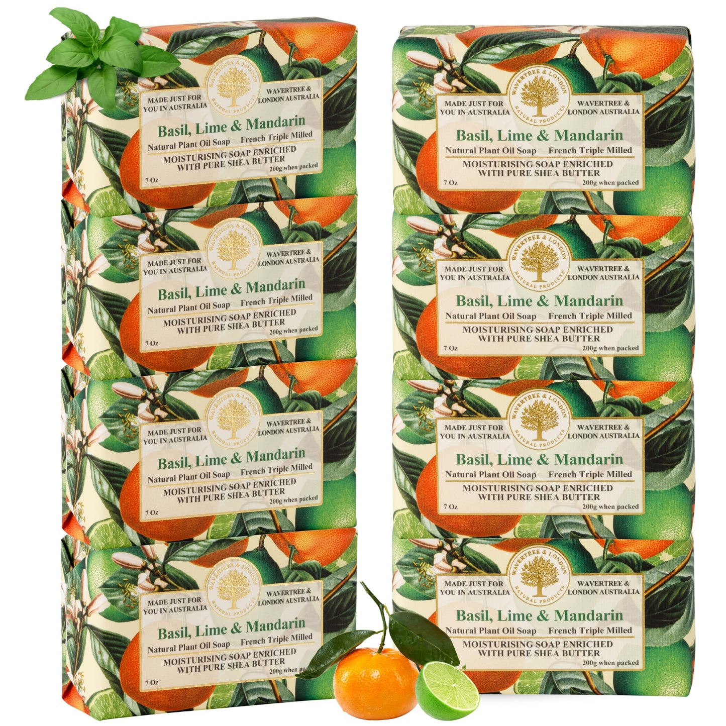 Wavertree & London Basil, Lime & Mandarin Scented Natural Soap (8 Bars), 7oz Moisturizing French Triple Milled Soap Bars enriched with shea butter Beauty & Personal Care Wavertree & London
