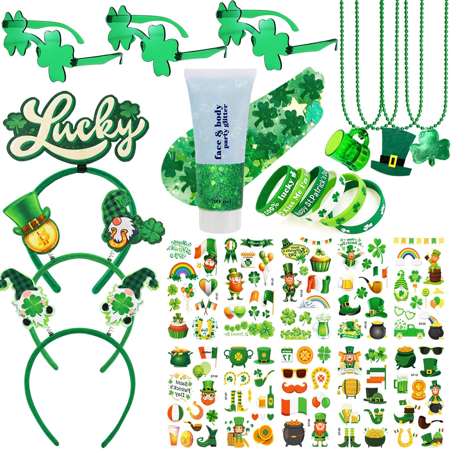 Qaeshi 117 Pcs St Patricks Day All-in-One Accessories Kit, Skin-Friendly Custom Shamrock Green Glitter Gel Irish Party Favors Supplies Shamrock Beauty & Personal Care Qaeshi