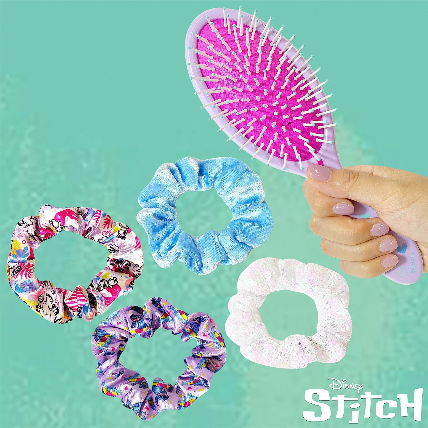 LUV HER Lilo & Stitch Hair Accessory 5 Pcs Set - 1 Regular 9 inch Stitch Hairbrush & 4 Scrunchies - Detangling Brush - Elastic Hair Ties Ropes Beauty and Personal Care LUV HER