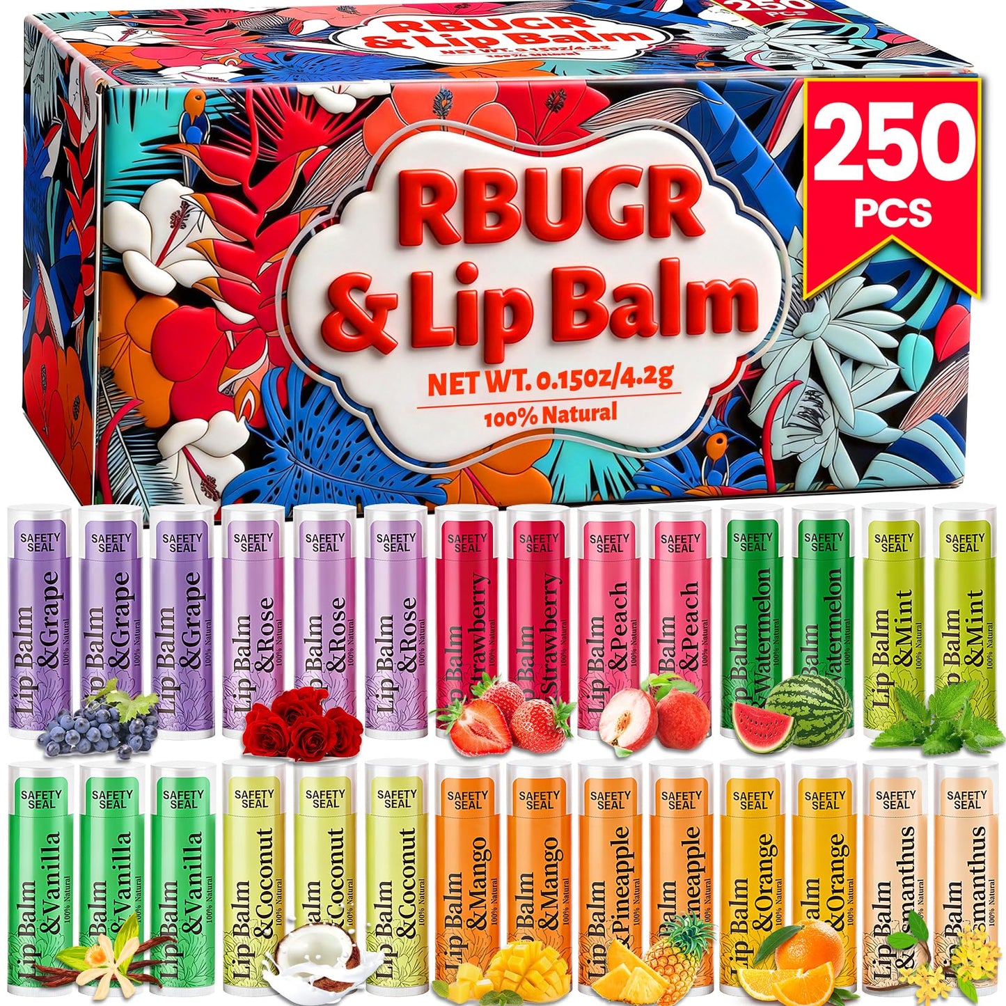 RBUGR 250 Pcs Lip Balm Bulk,12 Fruit Flavored Natural Bulk Lip Balm, Lip Balms Pack with Vitamin E, Lip Balms Gift Set Women Stocking Stuffers Party Beauty and Personal Care RBUGR