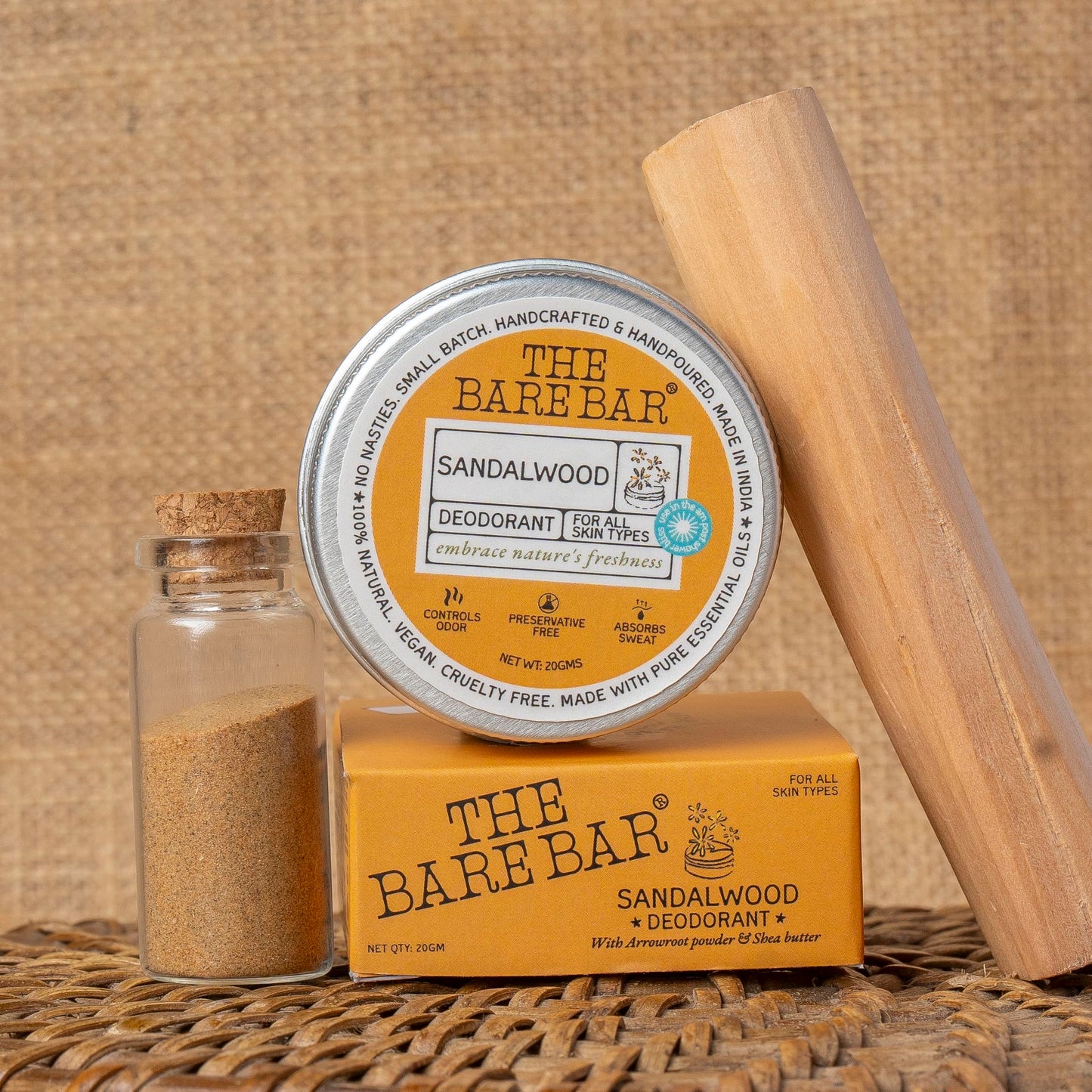 The Bare Bar Sandalwood Deodorant - 20 gm - Woody floral Fragrance - Odor & Sweat Control - Gentle, Natural formula and Chemical free - Travel Mini Beauty and Personal Care The Bare Bar