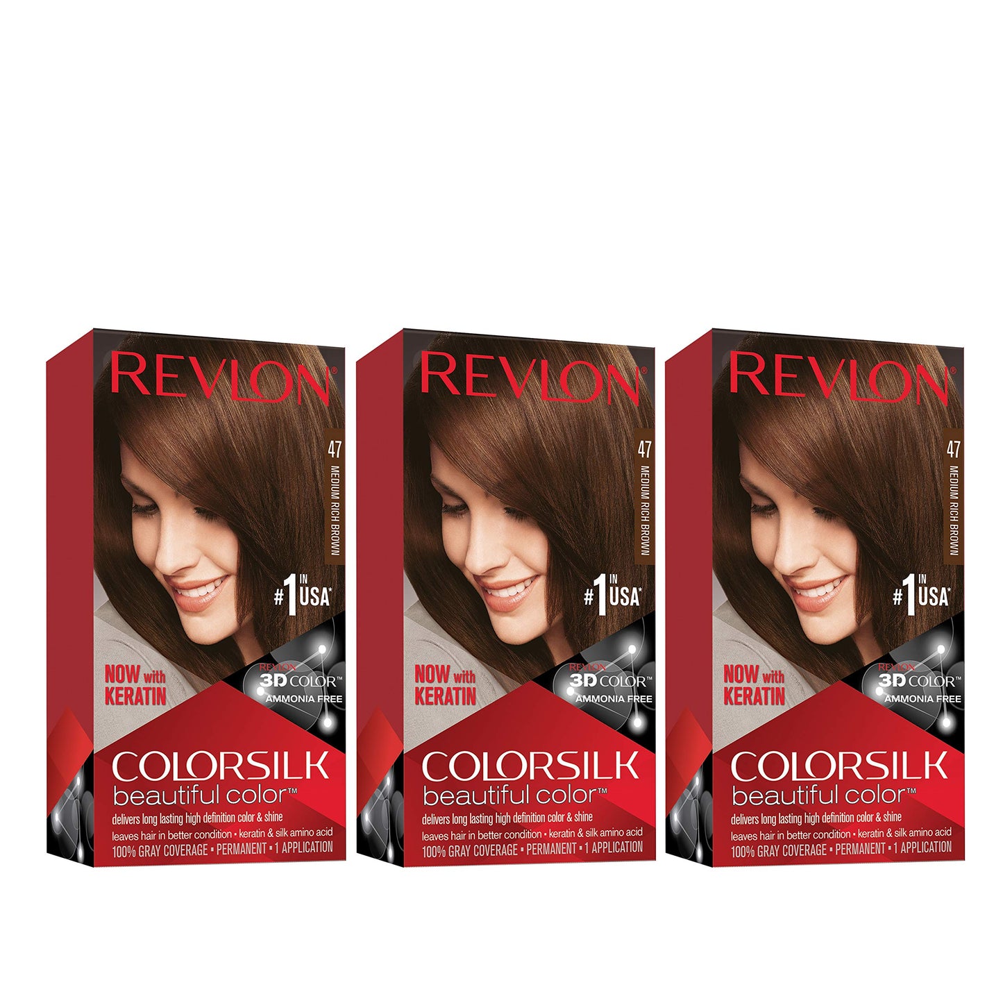 Revlon Permanent Hair Color, Permanent Hair Dye, Colorsilk with 100% Gray Coverage, Ammonia-Free, Keratin and Amino Acids, 47 Medium Rich Brown, 4.4 Beauty & Personal Care REVLON