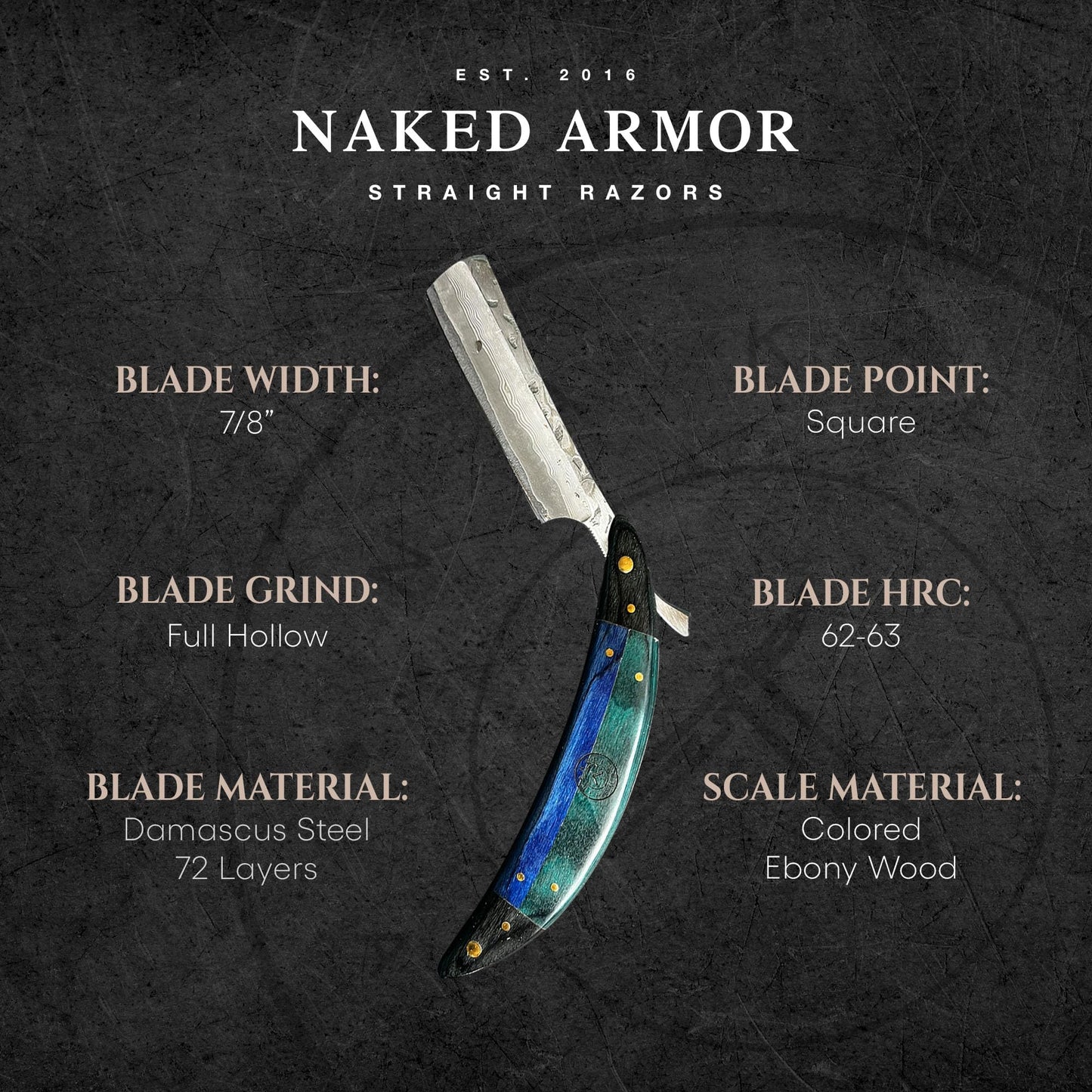 Naked Armor Esclabor Damascus Straight Razor - Shave Ready 7/8" Square Nose Damascus Steel Straight Razors for Men with Ebony Wood Scale, Case Beauty and Personal Care Naked Armor