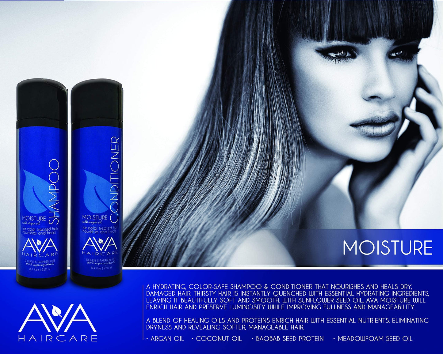 Ava Haircare - Moisture Shampoo And Conditioner - Vegan, Sulphate Free, Paraben Free, Cruelty Free (Set of 2, 8.4oz Each) Beauty & Personal Care Ava Haircare