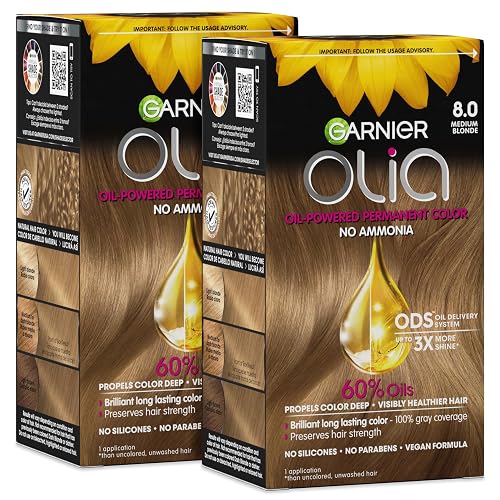 Garnier Olia Hair Color, Ammonia-Free Permanent Hair Dye, Oil-Powered Formula for 100% Gray Coverage and 3x Shinier Hair, Vegan & Cruelty Free, 8.0 Beauty & Personal Care Garnier