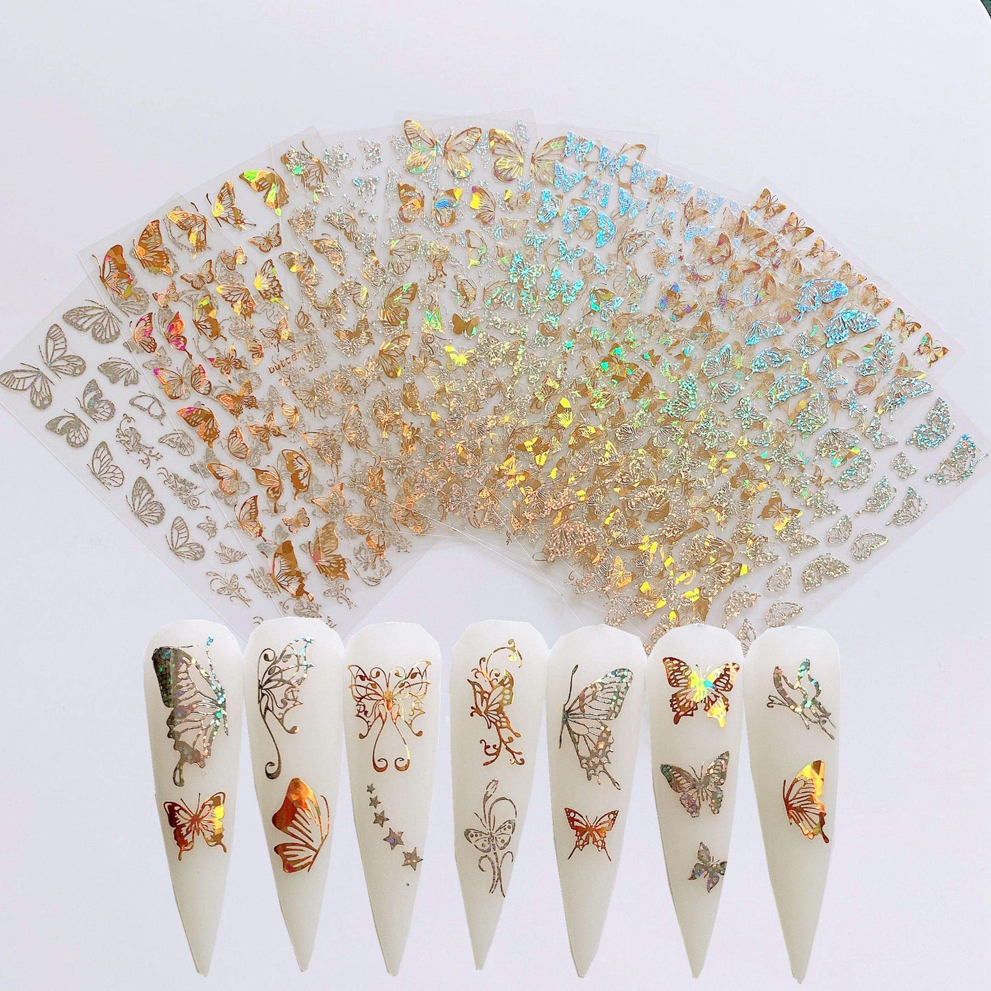 NAIL ANGEL 8Sheets Nail Art Adhesive Sticker Sheets Different Laser Gold and Silver Color Butterfly Shapes Nail Art Decoration 10238 Beauty & Personal Care NAIL ANGEL