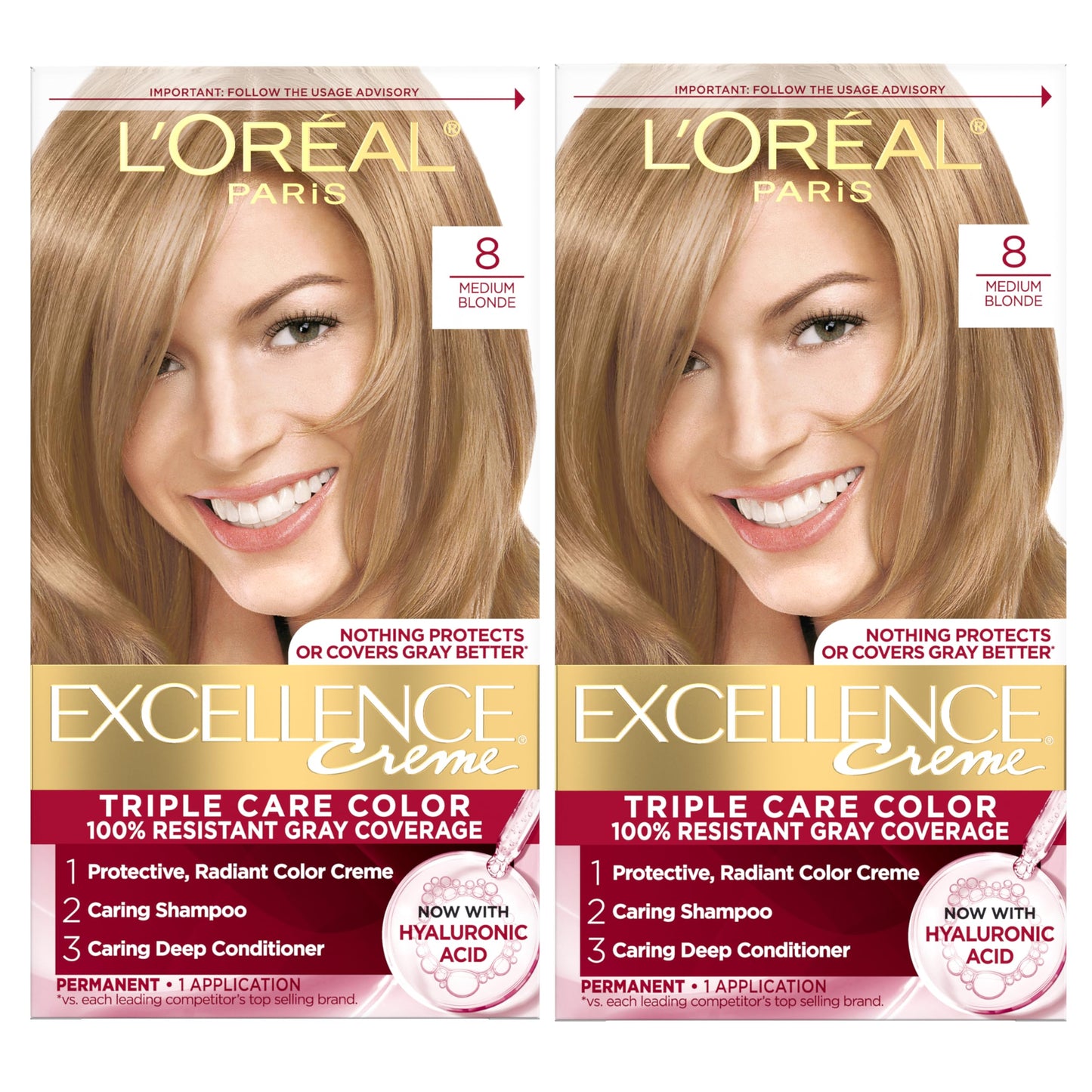 L'Oreal Paris Excellence Crème Permanent Hair Dye, Triple Care Hair Color with Hyaluronic Acid for 100% Gray Coverage, 8 Medium Blonde, 1 Kit (Pack Beauty & Personal Care L'Oreal Paris
