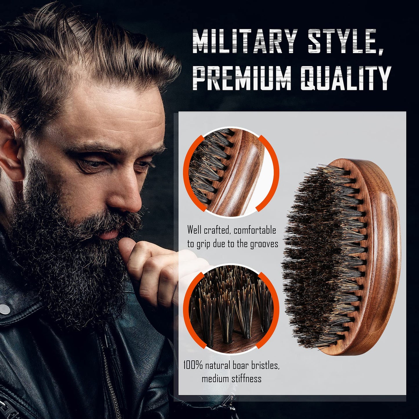 BFWood Boar Bristle Beard Brush - Black Wood Walnut Military Style, Men's Wooden Mustache Brush Beauty and Personal Care BFWood