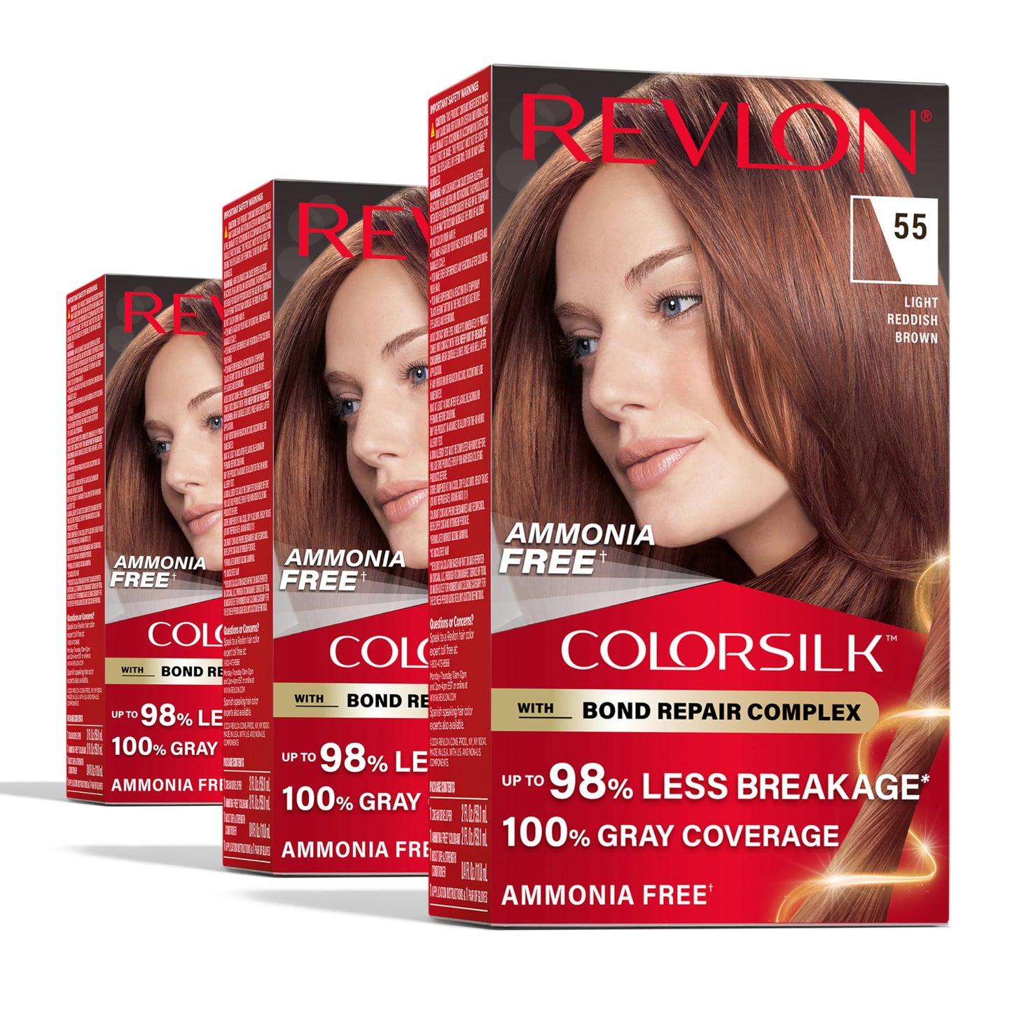 Revlon ColorSilk with Bond Repair Complex, Red Permanent Hair Color, 100% Gray Coverage, Ammonia Free Hair Dye, Vegan Keratin, 55 Light Reddish Brown Beauty & Personal Care REVLON