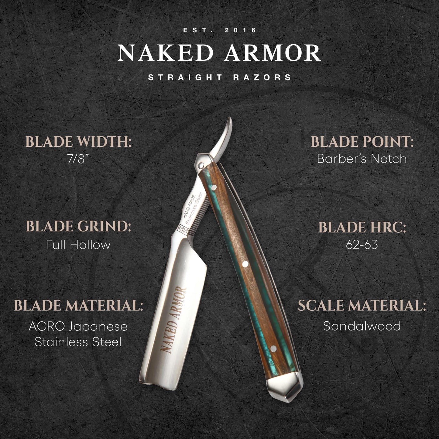 Naked Armor Safir Straight Razor for Men - Shave Ready 7/8" Barber's Notch Japanese Stainless Steel Straight Edge Razor, Sandalwood Scale, Beard Beauty and Personal Care Naked Armor