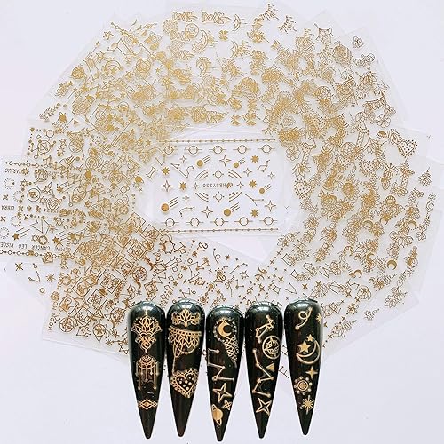 NAIL ANGEL 24 Sheets Nail Art Adhesive Gold Color Sticker Sheets Moon Star Universal Flower Shapes Sticker Sheets Nail Art Deco 10057 Beauty & Personal Care NAIL ANGEL