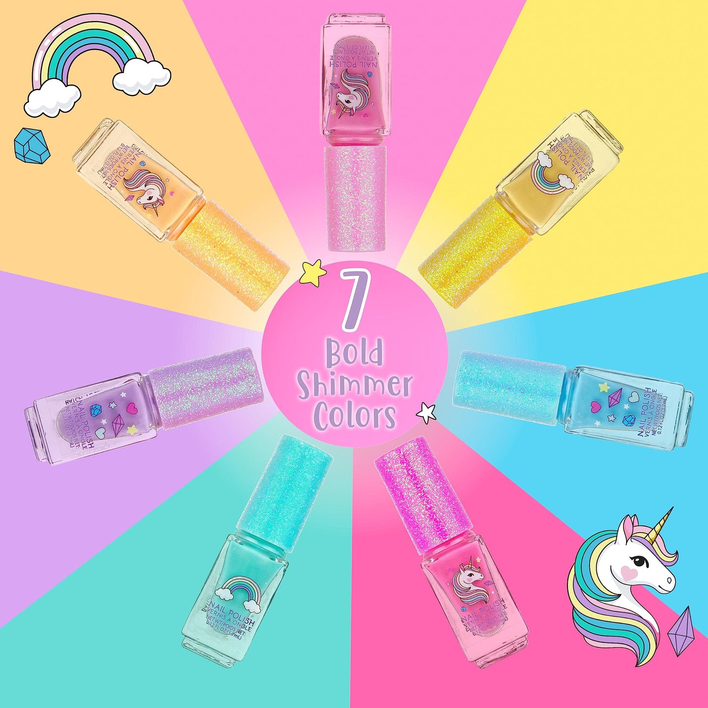 7pc Unicorn Shimmer Nail Polish Set for Girls - Glitter Cap, Non-Toxic Quick Dry Manicure & Pedicure Kit, Vibrant Assorted Shades Beauty & Personal Care EXPRESSIONS