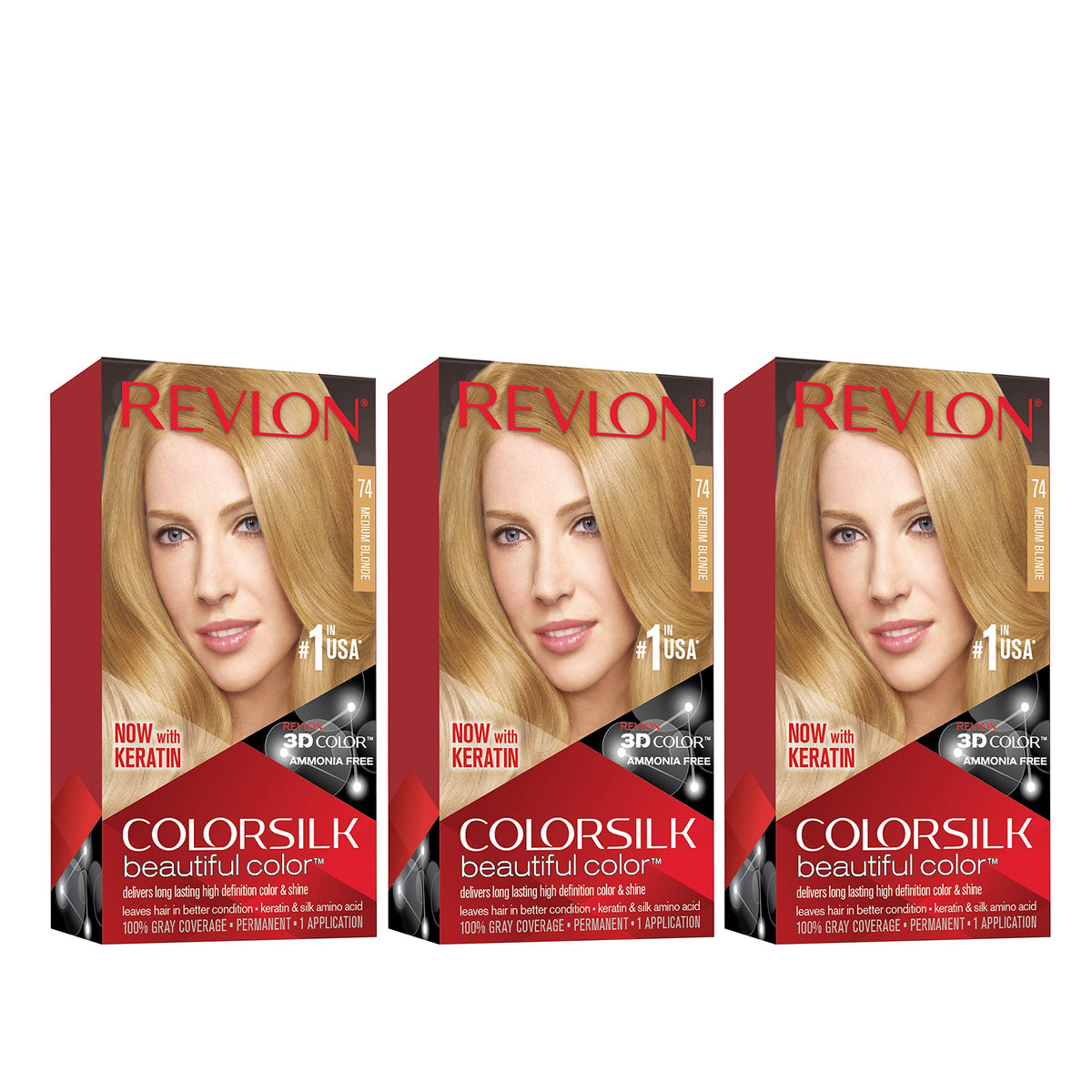 REVLON Colorsilk Beautiful Permanent Hair Color with 3D Gel Technology & Keratin, 74 Medium Blonde, 3 Count Beauty & Personal Care REVLON