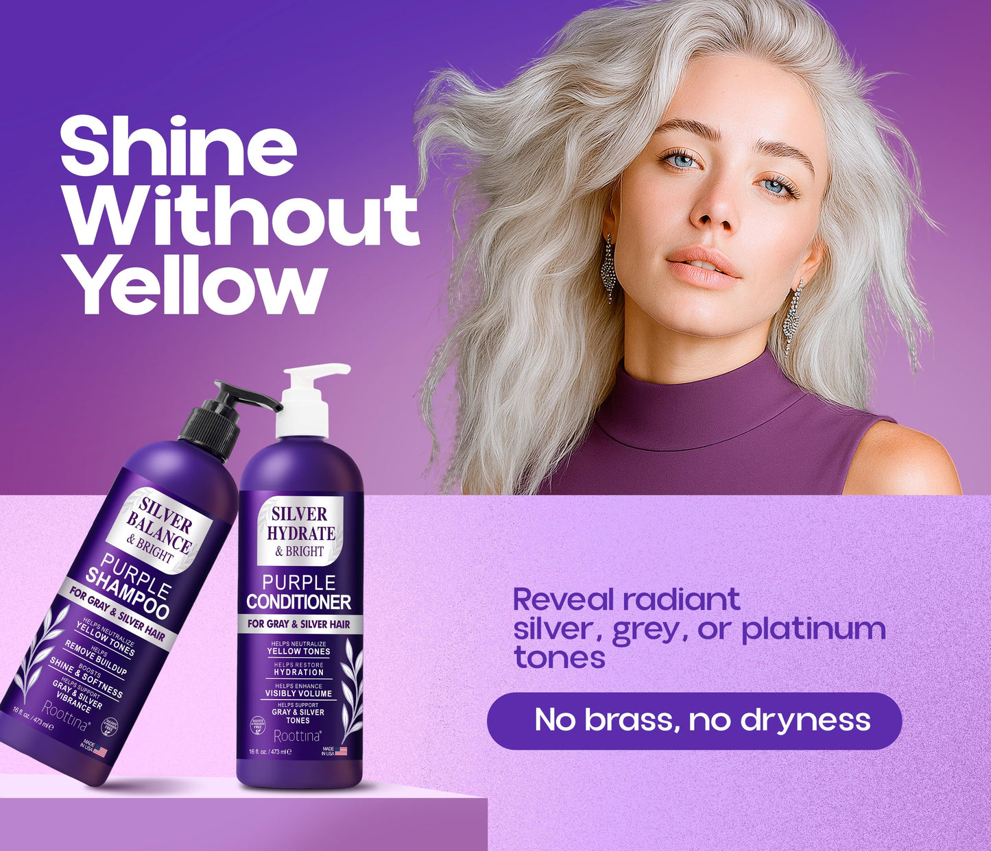 ROOTTINA Sulfate Free Brass Toning Purple Shampoo and Conditioner Set for Grey and Silver Hair, Moisturizing & Color-Safe, Enhances Shine Beauty & Personal Care Roottina