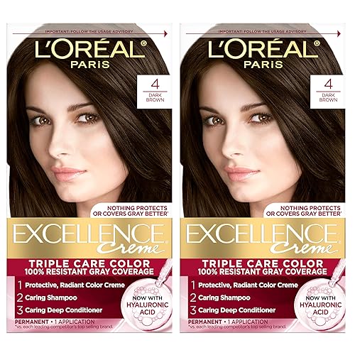 L'Oreal Paris Excellence Crème Permanent Hair Dye, Triple Care Hair Color with Hyaluronic Acid for 100% Gray Coverage, 4 Dark Brown, 1 Kit (Pack of 2) Beauty & Personal Care L'Oreal Paris