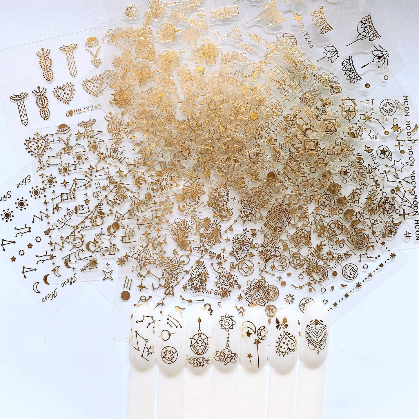 NAIL ANGEL 24 Sheets Nail Art Adhesive Gold Color Sticker Sheets Moon Star Universal Flower Shapes Sticker Sheets Nail Art Deco 10057 Beauty & Personal Care NAIL ANGEL