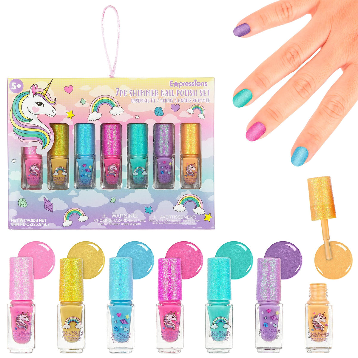 7pc Unicorn Shimmer Nail Polish Set for Girls - Glitter Cap, Non-Toxic Quick Dry Manicure & Pedicure Kit, Vibrant Assorted Shades Beauty & Personal Care EXPRESSIONS