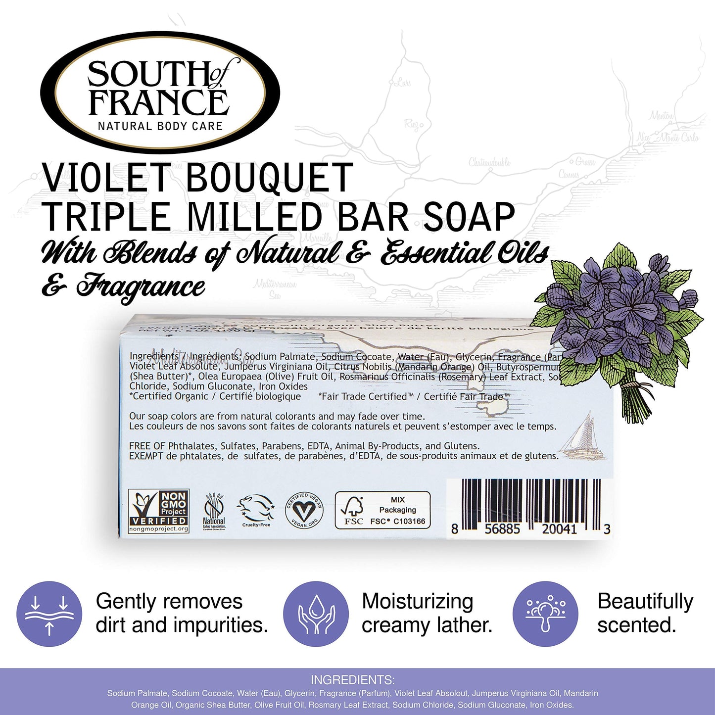 Violet Bouquet Clean Bar Soap by South of France Clean Body Care Triple-Milled French Soap with Organic Shea Butter + Essential Oils Vegan, Non-GMO Beauty & Personal Care South Of France