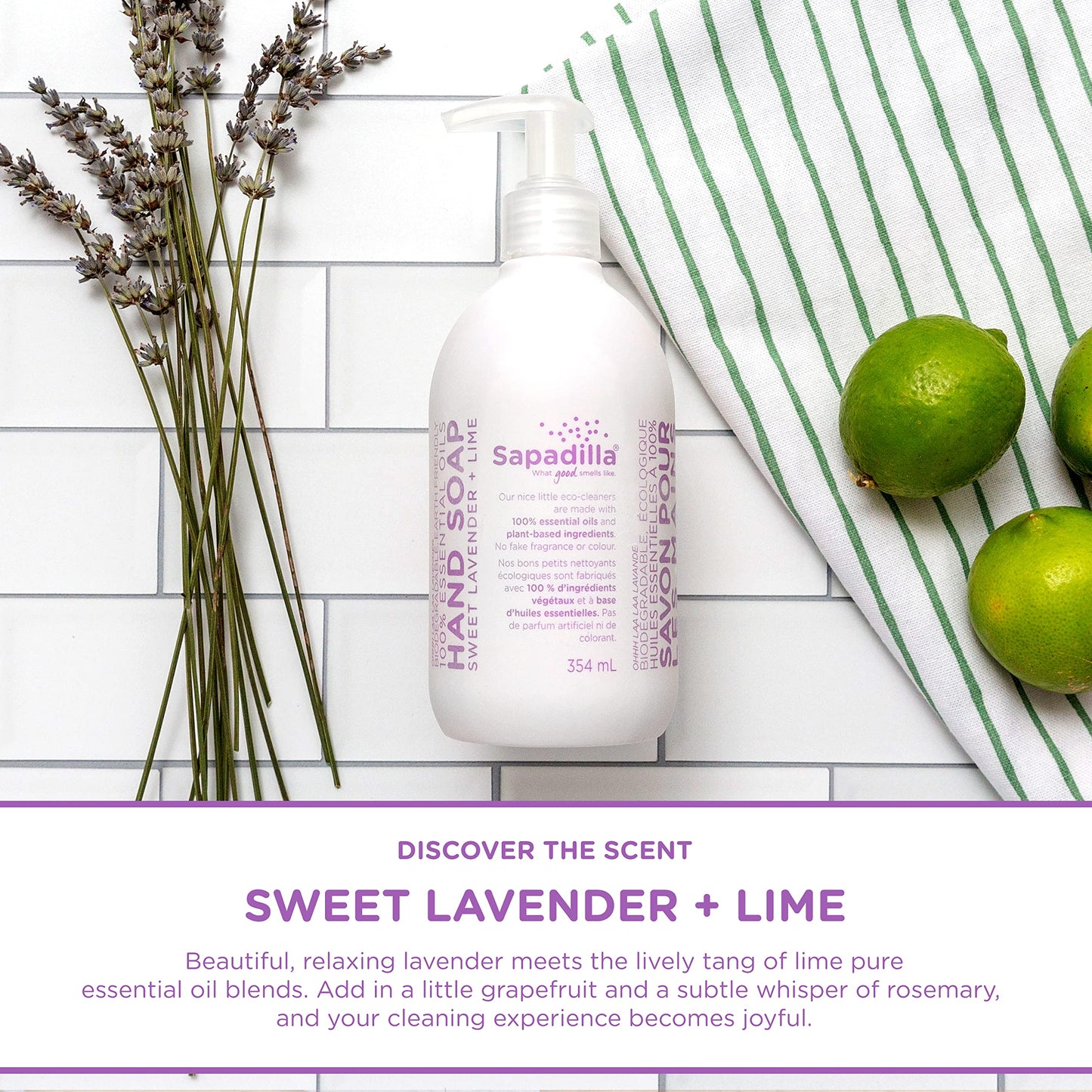 Sapadilla Liquid Hand Soap - Sweet Lavender + Lime - Made with 100% Pure Essential Oil Blends, Cleansing & Moisturizing, Aromatic & Fragrant Hand Beauty & Personal Care Sapadilla