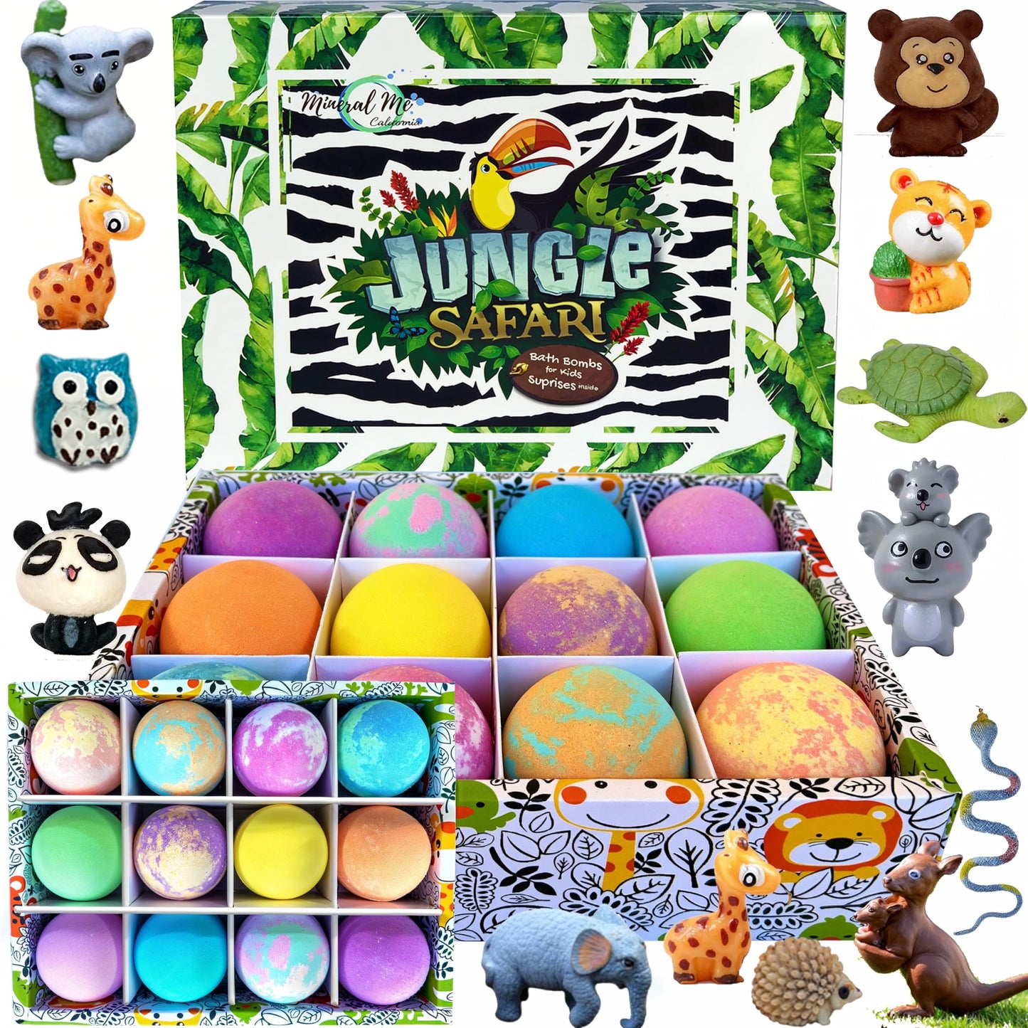 Bath Bombs for Kids with Surprise Inside, 12 Bubble Bath Fizzies with Jungle Animal Toys. Moisturizing, Gentle & Kids Safe, Rainbow Spa Bath Fizz Beauty and Personal Care Mineral Me California