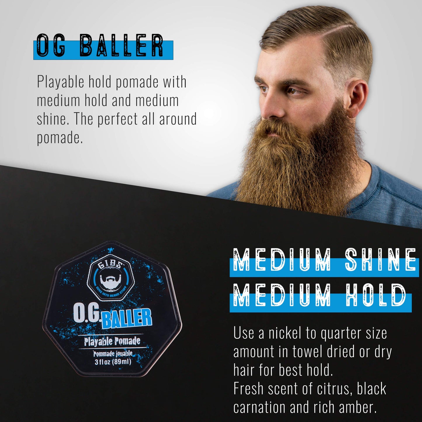 GIBS Grooming OG Baller Pomade- Flex Hold Medium Shine- With Holy Basil Oil, & Panthenol For Men, 3 oz Beauty & Personal Care GIBS