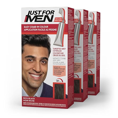 Just For Men Easy Comb-In Color Mens Hair Dye, Easy No Mix Application with Comb Applicator - Rich Black, A-65, Pack of 3 Beauty & Personal Care Just for Men