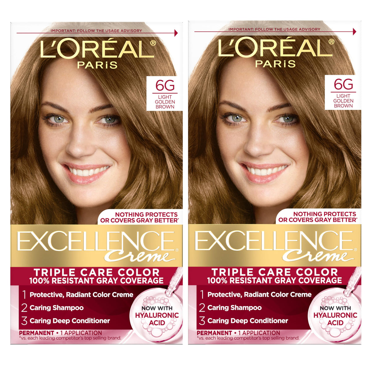 L'Oreal Paris Excellence Crème Permanent Hair Dye, Triple Care Hair Color with Hyaluronic Acid for 100% Gray Coverage, 6G Light Golden Brown, 1 Kit