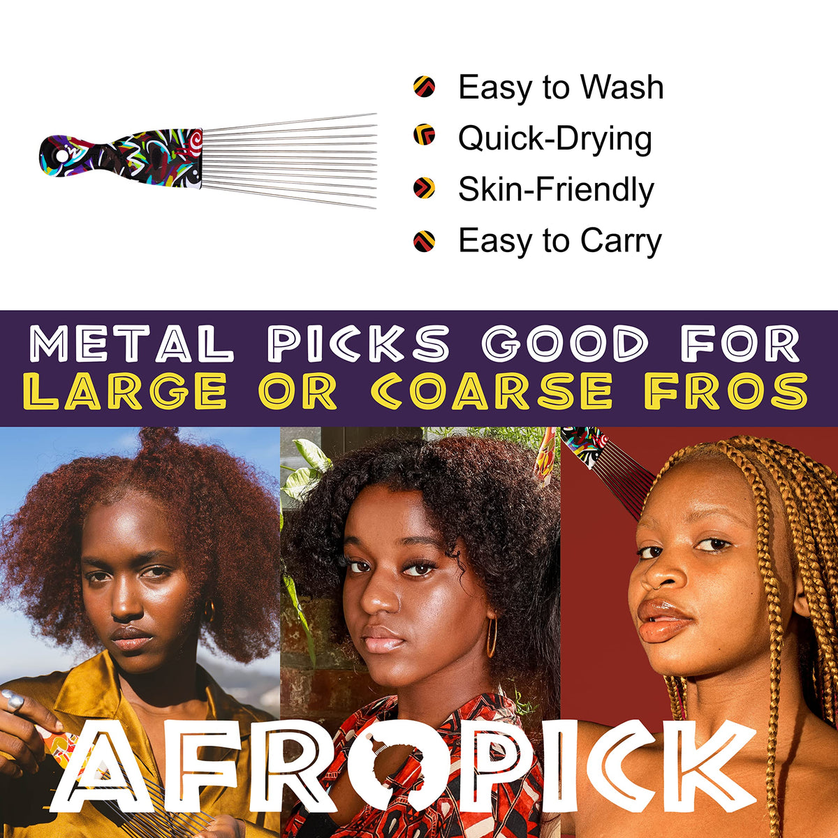 Afropick Metal Black Hair Pick for Natural Curly Long Thick Hair- Afro Pick Comb for Men, Women- African Artist Designs IMPROVED 2.0 (Breathe)