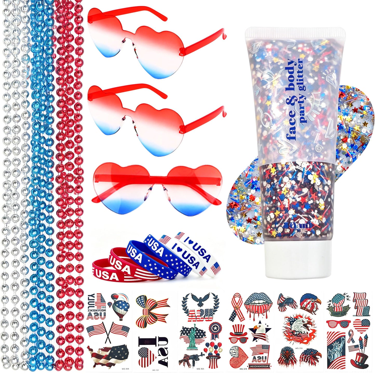 4th of July Accessories Set, 25Pcs Patriotic Outfit Kit with Star Glasses, Beaded Necklaces, Bracelets, Red White Blue Face Glitter Gel, Temporary Beauty & Personal Care QVAIVE
