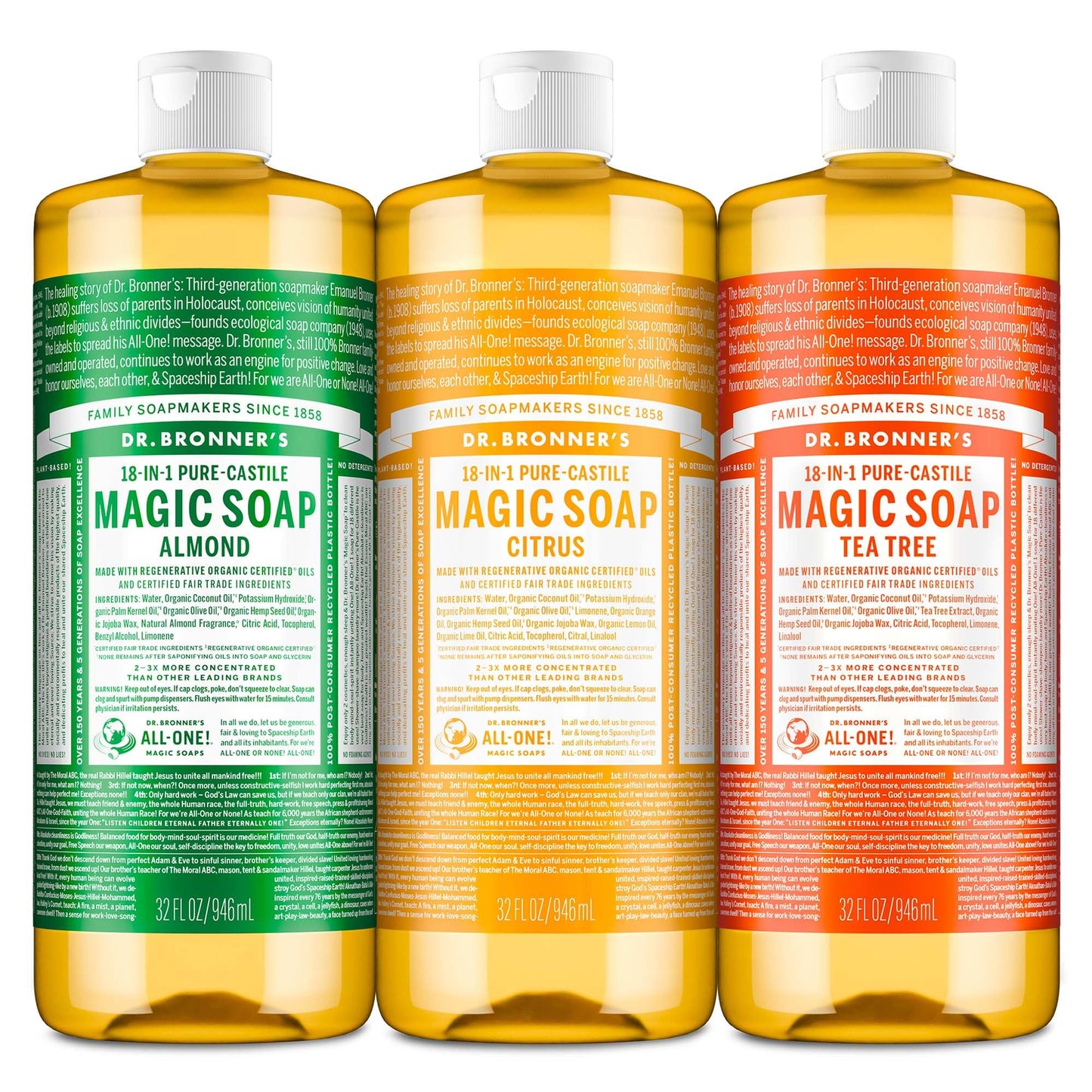 Dr. Bronner's Pure-Castile Magic Liquid Soap - Made with Organic Oils 32 oz (3-Pack) Almond, Citrus, Tea Tree, Body Wash, Face, Dish, Laundry, Pet Beauty & Personal Care Dr. Bronner's
