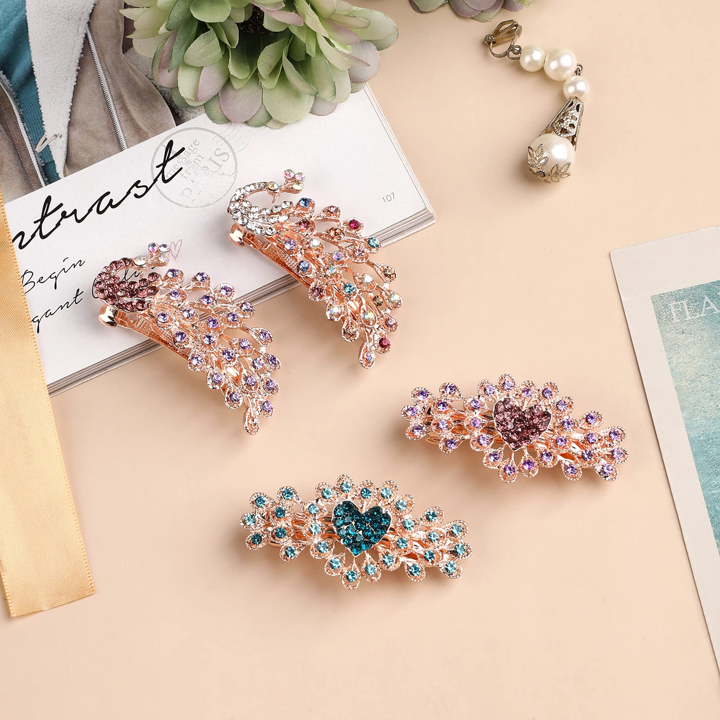 QXUJI 4PCS Crystal Rhinestones Hair Clips, Sparkly Glitter Flower Peacock Hair Barrettes, Metal Spring Hair Pins Snap Accessories, for Women Girls Beauty & Personal Care QXUJI