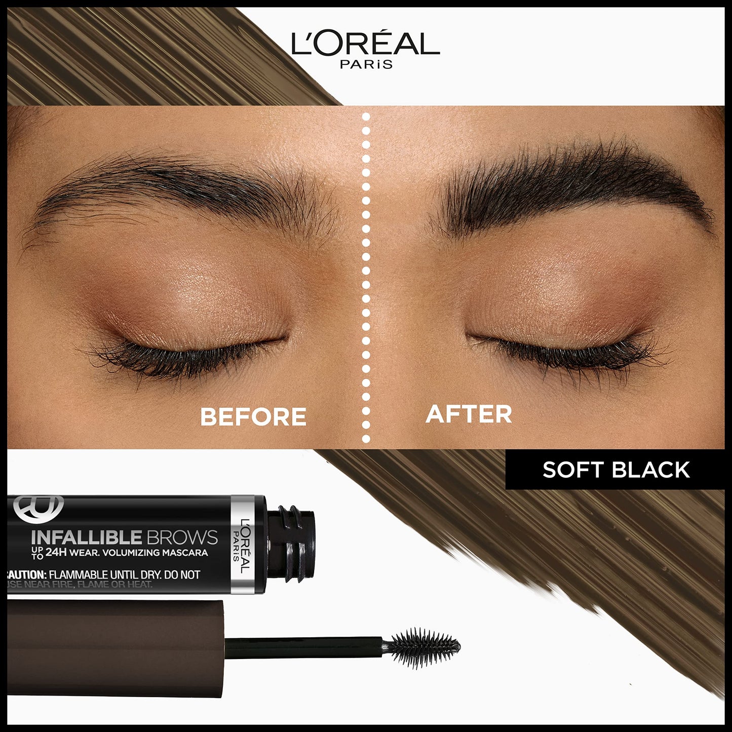 L'Oreal Paris Infallible Volumizing 24H Wear Brow Mascara, Long Lasting Eyebrow Makeup for 2X Fuller Eyebrows, 3.0 Soft Black, 0.13 Fl Oz Beauty & Personal Care L'ORÉAL
