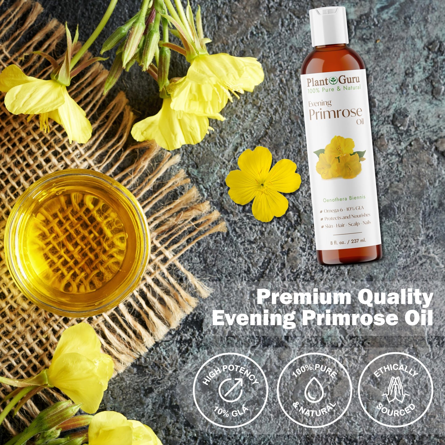 Plant Guru Evening Primrose Oil 8 fl. oz. Cold Pressed 100% Pure Natural Carrier - Skin, Face, Body and Hair Growth Moisturizer. Great For DYI Soap Beauty & Personal Care Plant Guru