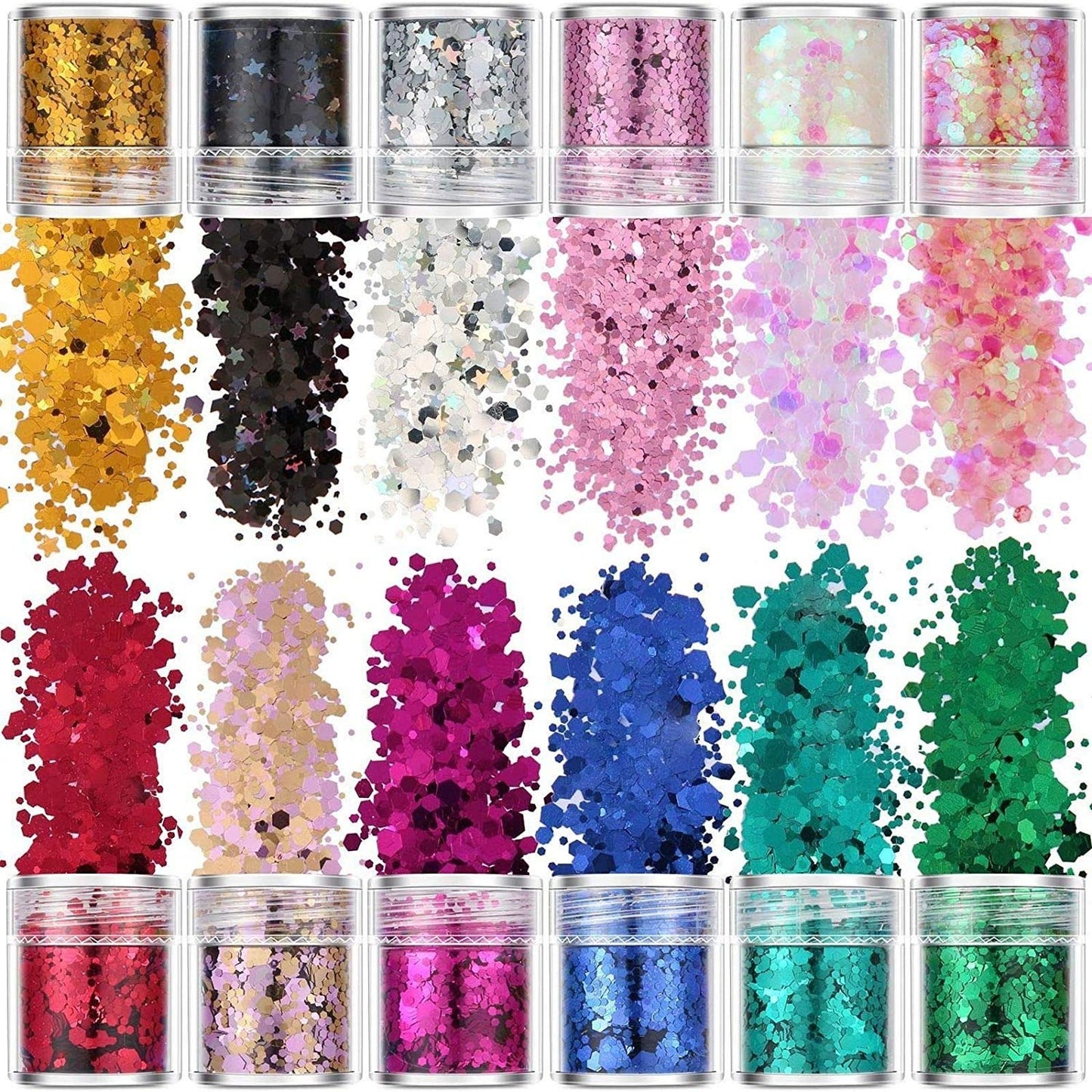 Komanic Chunky Glitter 12 Colors Face Body Eye Hair Nail Festival Holographic Stars and Hexagons Craft Glitter for Resin/Tumblers/Slime, Festival Beauty & Personal Care Greenf