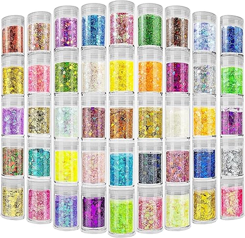 45 Holographic Chunky Sequins & Fine Powder Glitter Mix, Iridescent Glitter Flakes for Face, Body, Eye, Nail Art & Resin Epoxy Beauty & Personal Care Estanoite