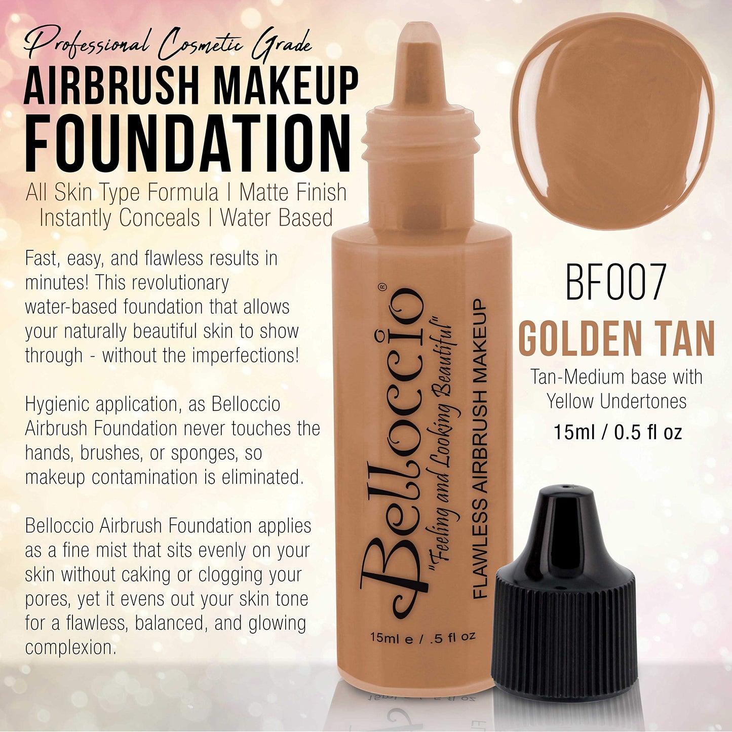 Belloccio's Professional Cosmetic Airbrush Makeup Foundation 1/2oz Bottle: Golden Tan- Medium Yellow Undertones Beauty & Personal Care Belloccio