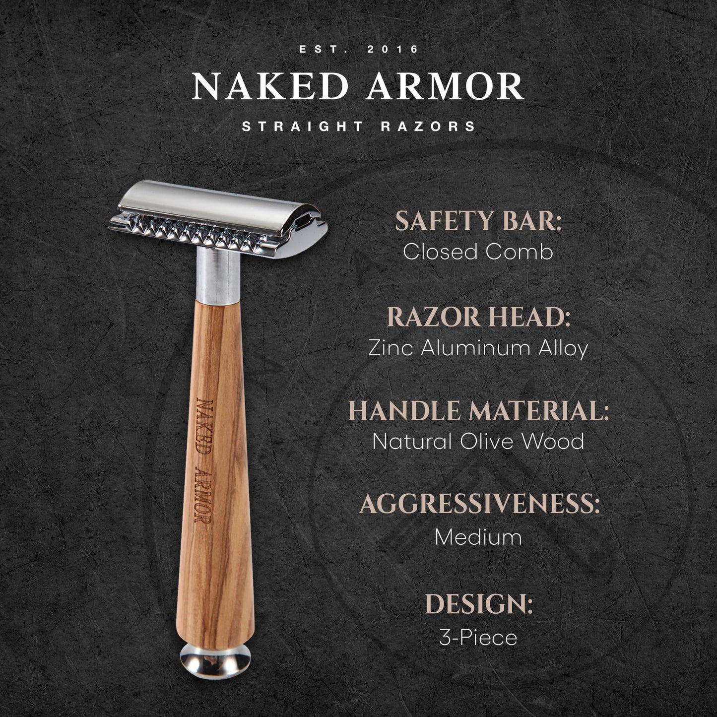 Complete Safety Razor Kit - Includes Olive Wood Safety Razor, Closed Comb Double Edge Razor, Safety Razor Stand, Olive Wood Shaving Brush, Organic Beauty and Personal Care Naked Armor