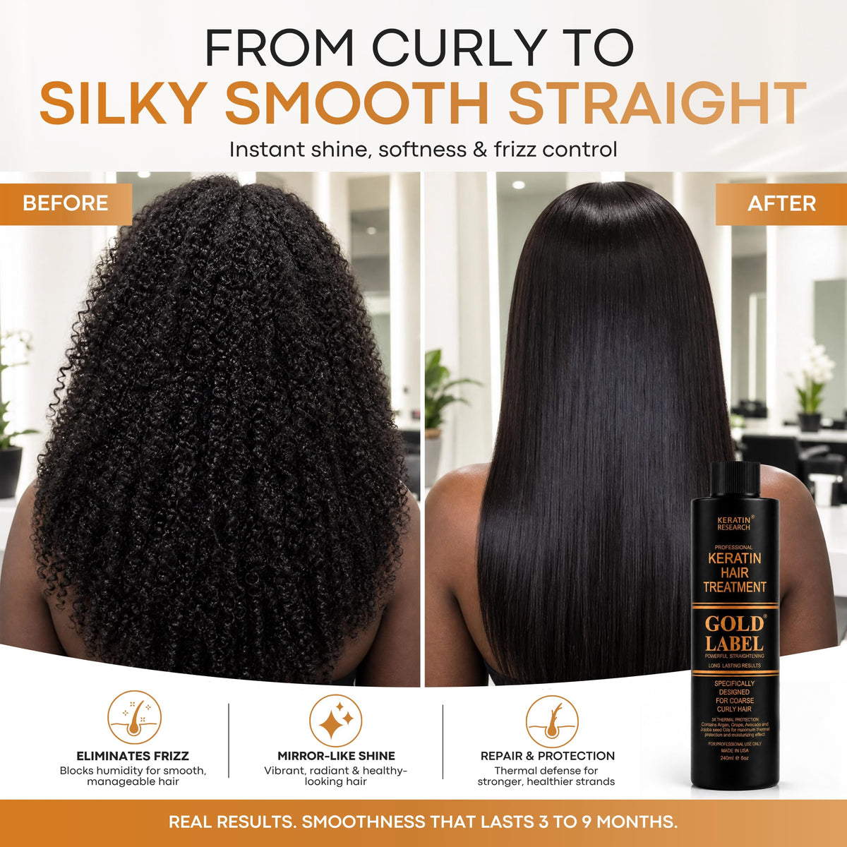 Gold Label Brazilian Keratin Hair Treatment Straightening works on All Hair Types Incl Coarse Thick Dry Frizzy Curly Bleached Dominican Brazilian