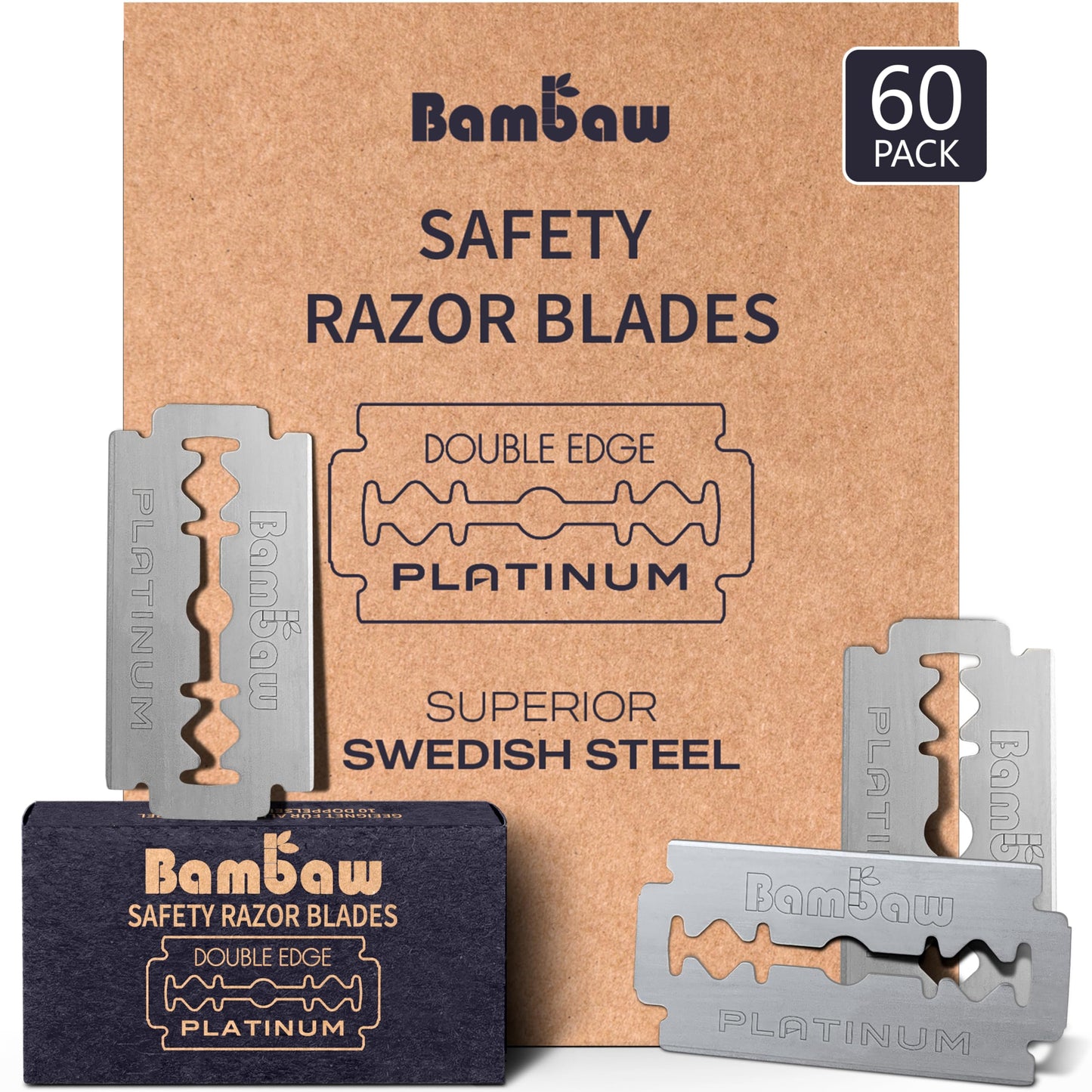 Bambaw Safety Razor Blades for Men & Women, 60 Pack, Double Edge Razor Blades Refills, Platinum Swedish Stainless Steel, Sharp & Long-Lasting Edge Beauty and Personal Care Bambaw