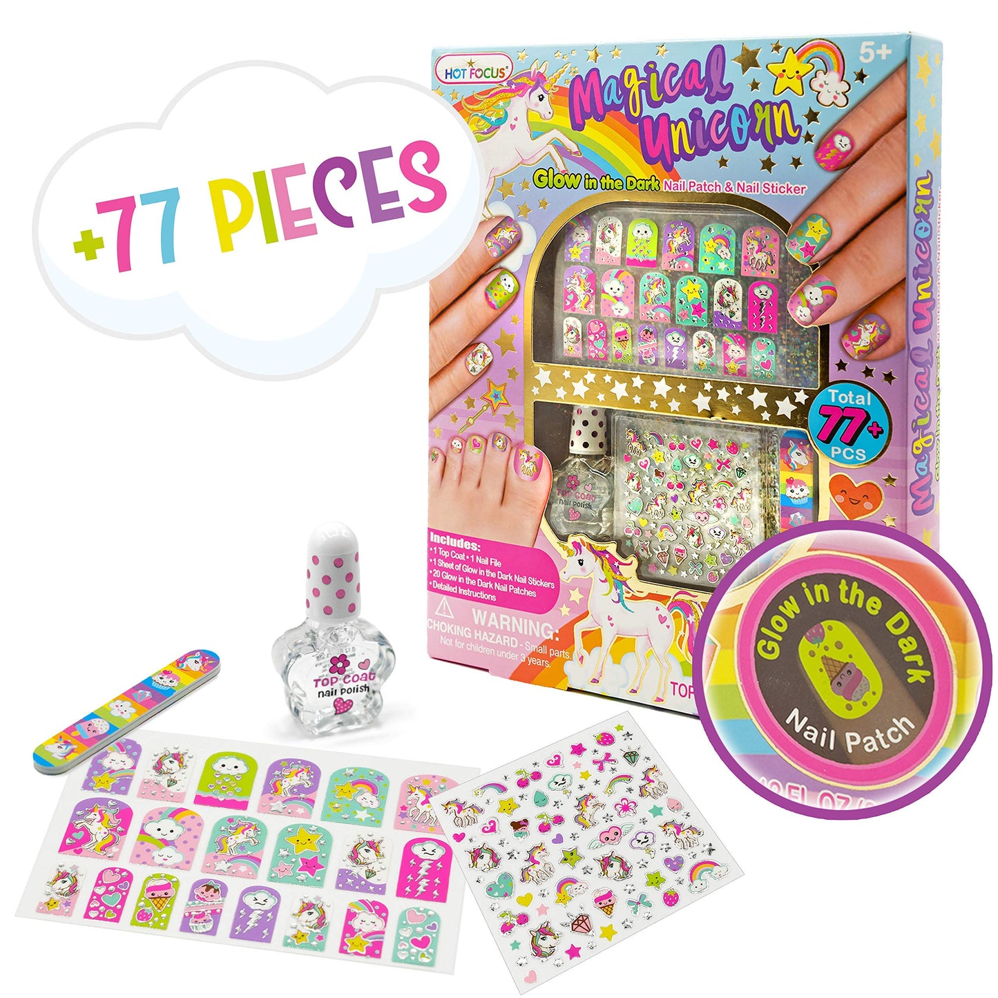 Hot Focus Unicorn Nail Kit - Kids Nail Polish Set for Girls Ages 5 6 7-12 with 77+ Pieces, Spa Kit, Nail Art Decoration Set, Glow-in-the-dark Beauty & Personal Care Hot Focus