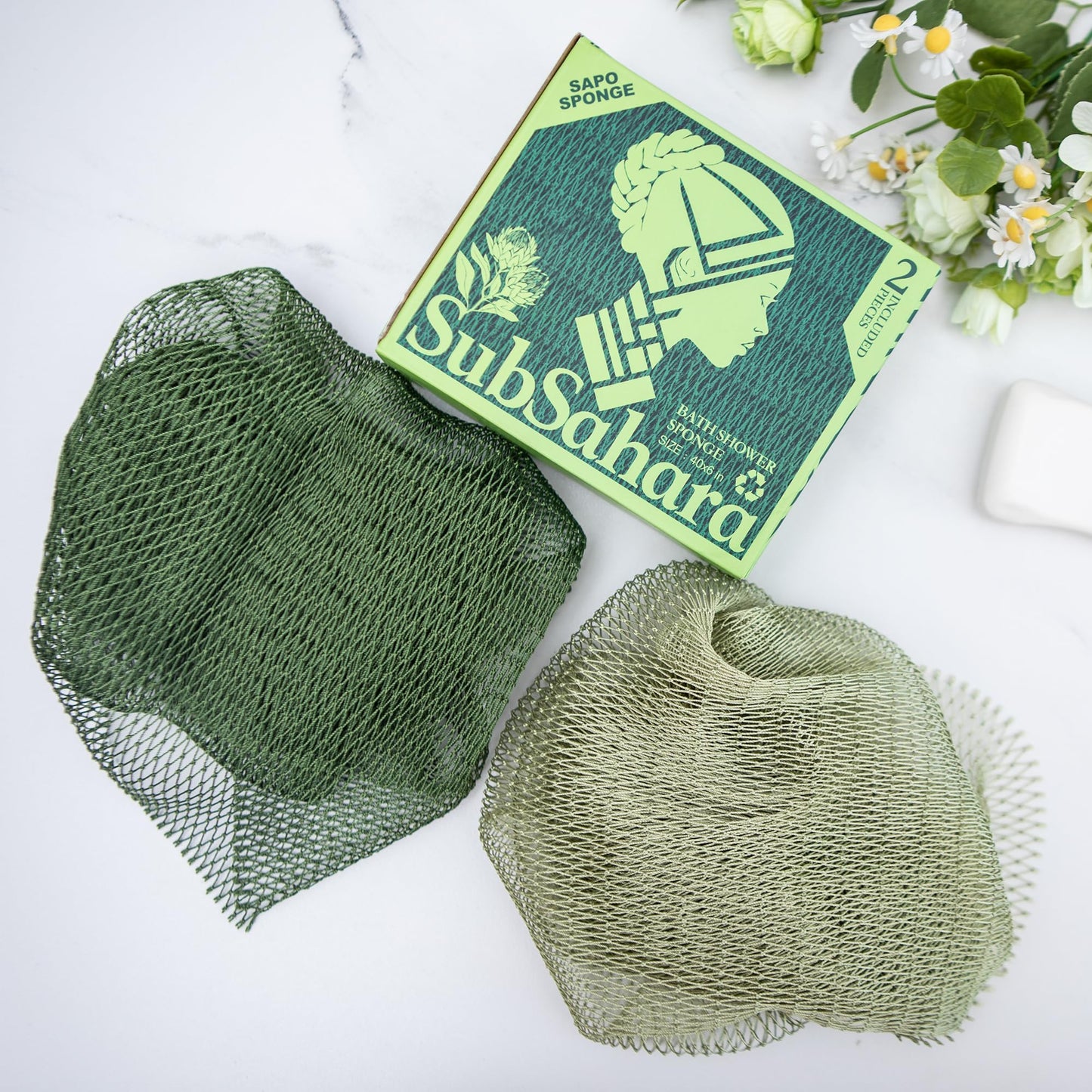 SubSahara Authentic African Net Sponge - 2 Pack Exfoliating Bath & Shower Loofah Sponge for Body & Face, Gentle Scrubber for All Skin Types, Travel Beauty and Personal Care SubSahara