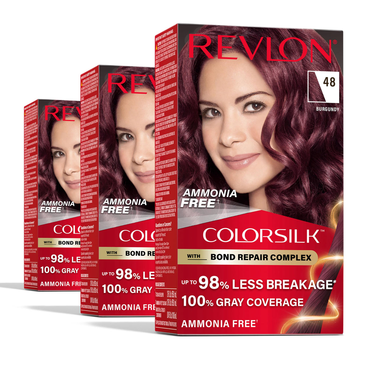 Revlon ColorSilk with Bond Repair Complex, Burgundy Permanent Hair Color, 100% Gray Coverage, Ammonia Free Hair Dye, Vegan Keratin, 48 Burgundy (Pack Beauty & Personal Care REVLON