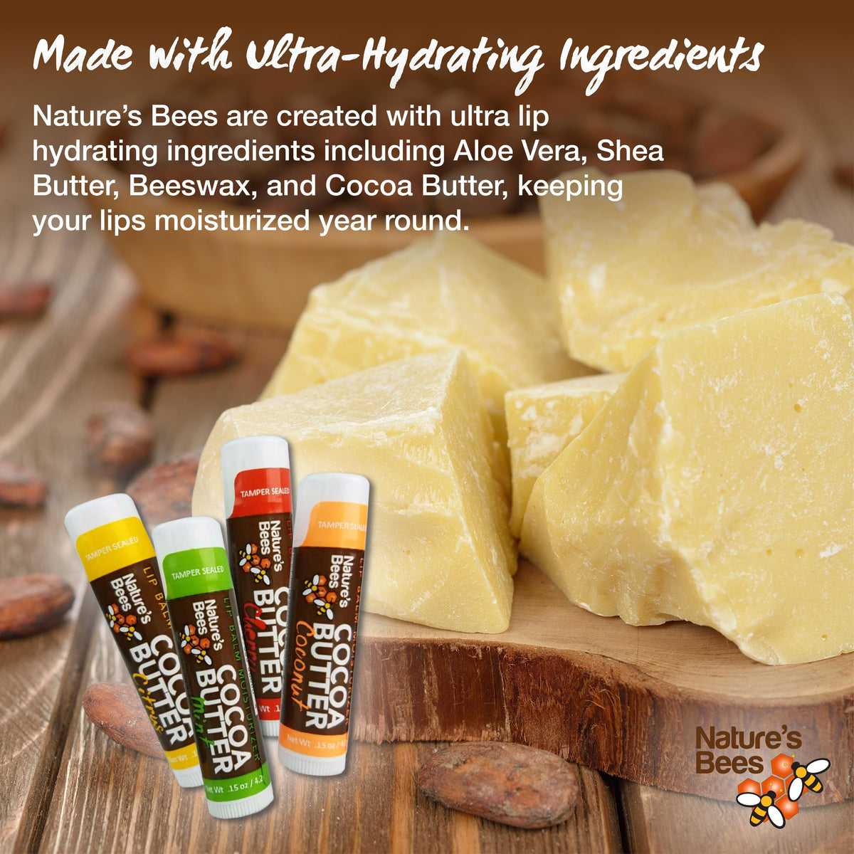 Nature's Bees Cocoa Butter Lip Balm, Lip Care for Dry Lips, Made with Coconut Oil, Beeswax, Vitamin E, Aloe, and Shea Butter, 0.15 oz Each, 4 Flavors Beauty & Personal Care Nature’s Bees