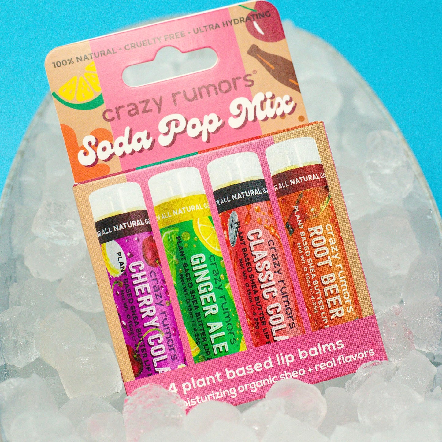 Crazy Rumors Soda Pop Mix Lip Balm 4-Pack Mix (Cherry Cola, Ginger Ale, Classic Cola, Root Beer) 100% Natural, Vegan, Plant-Based, Made in USA Beauty & Personal Care Crazy Rumors
